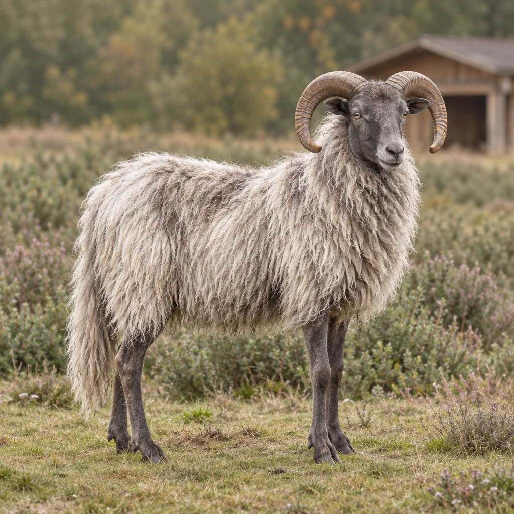 Illustrazione di un ariete con le corna, un lungo vello grigio e bianco e una coda, in un campo di brughiera.