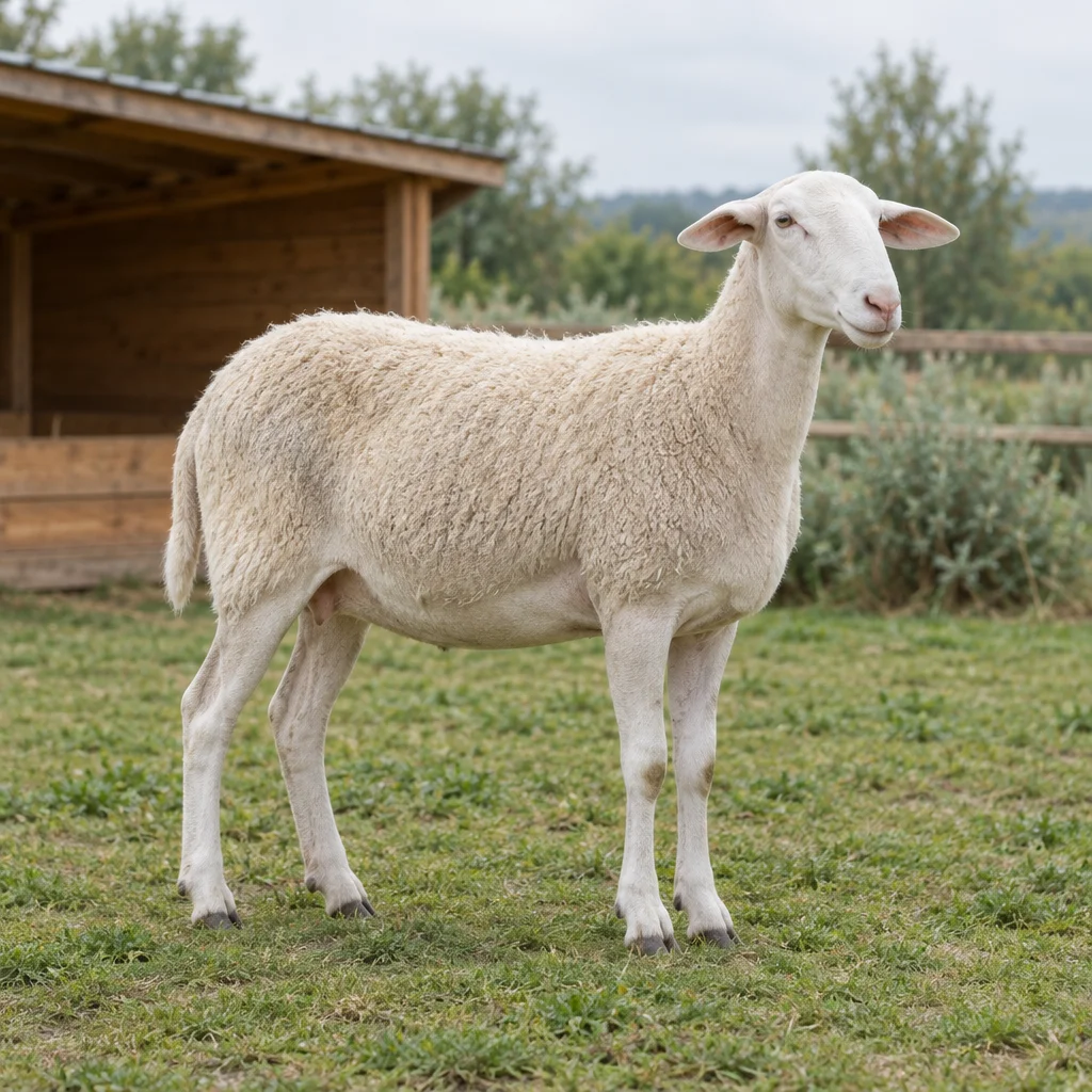 Una pecora bianca senza corna è sull’erba, con tutto il corpo e tutti gli zoccoli visibili, davanti a un riparo in legno.