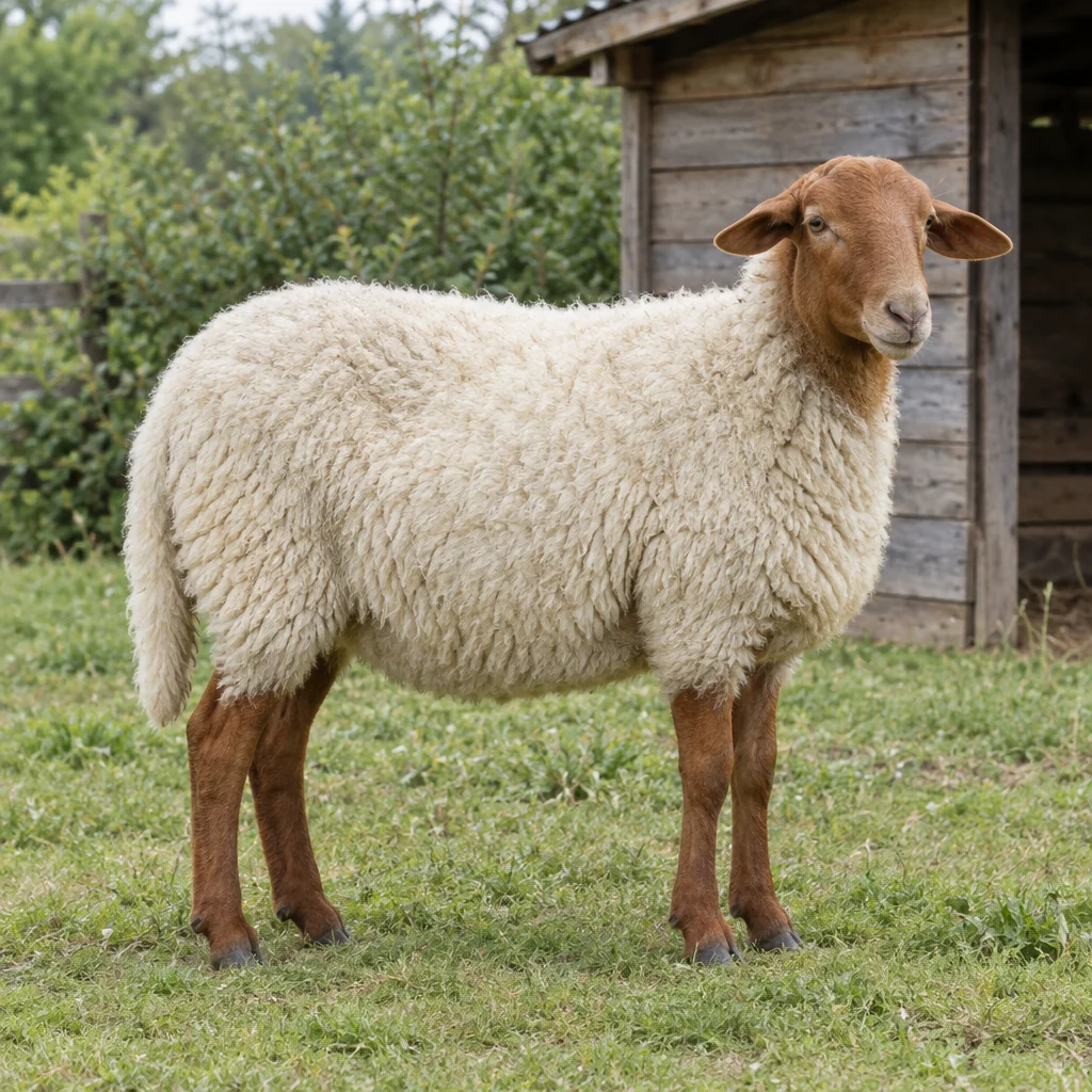 Una pecora con lana bianca, testa e zampe bruno rossicce si trova sull'erba accanto a un riparo in legno.