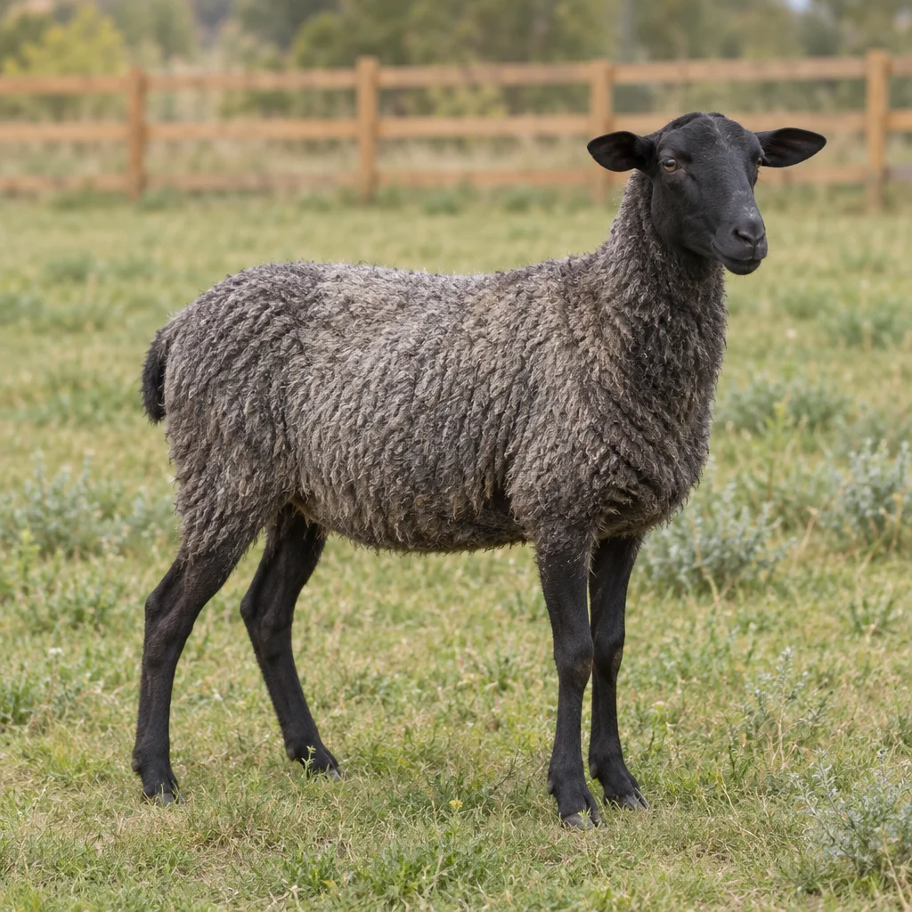 Una pecora con lana grigia, testa nera e zampe nere si trova in un pascolo erboso davanti a una staccionata di legno.