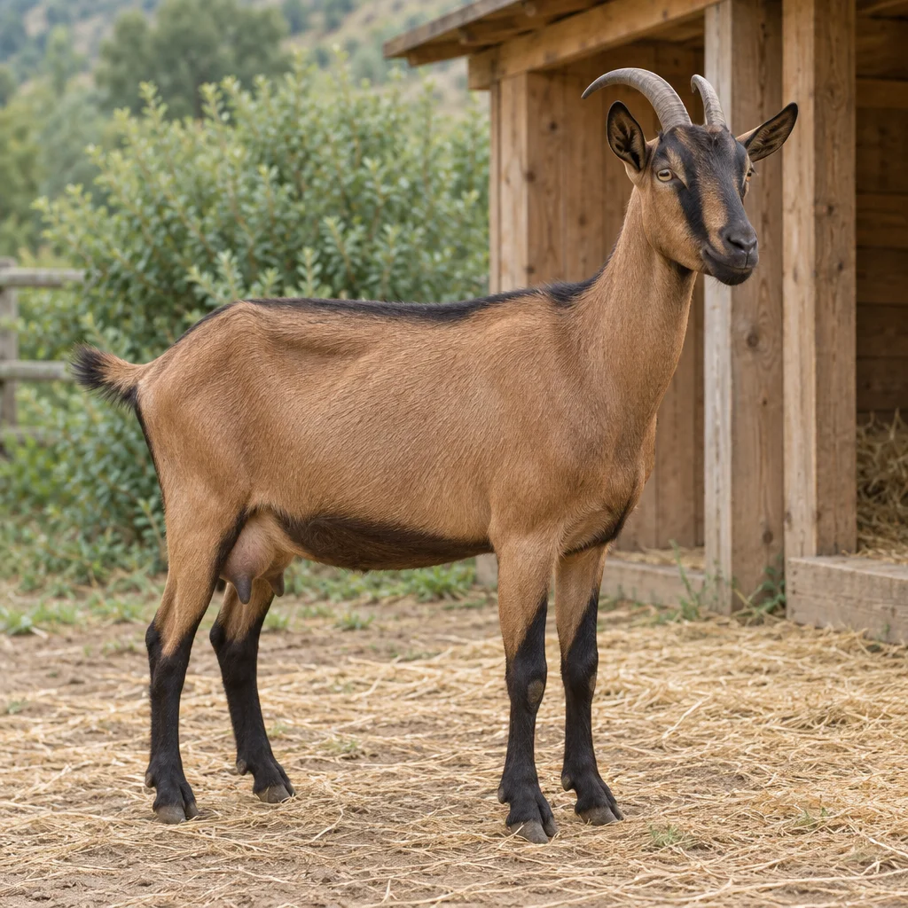 Una capra bruna con zampe scure e marcature scure sulla testa sta sulla paglia accanto a un riparo in legno.