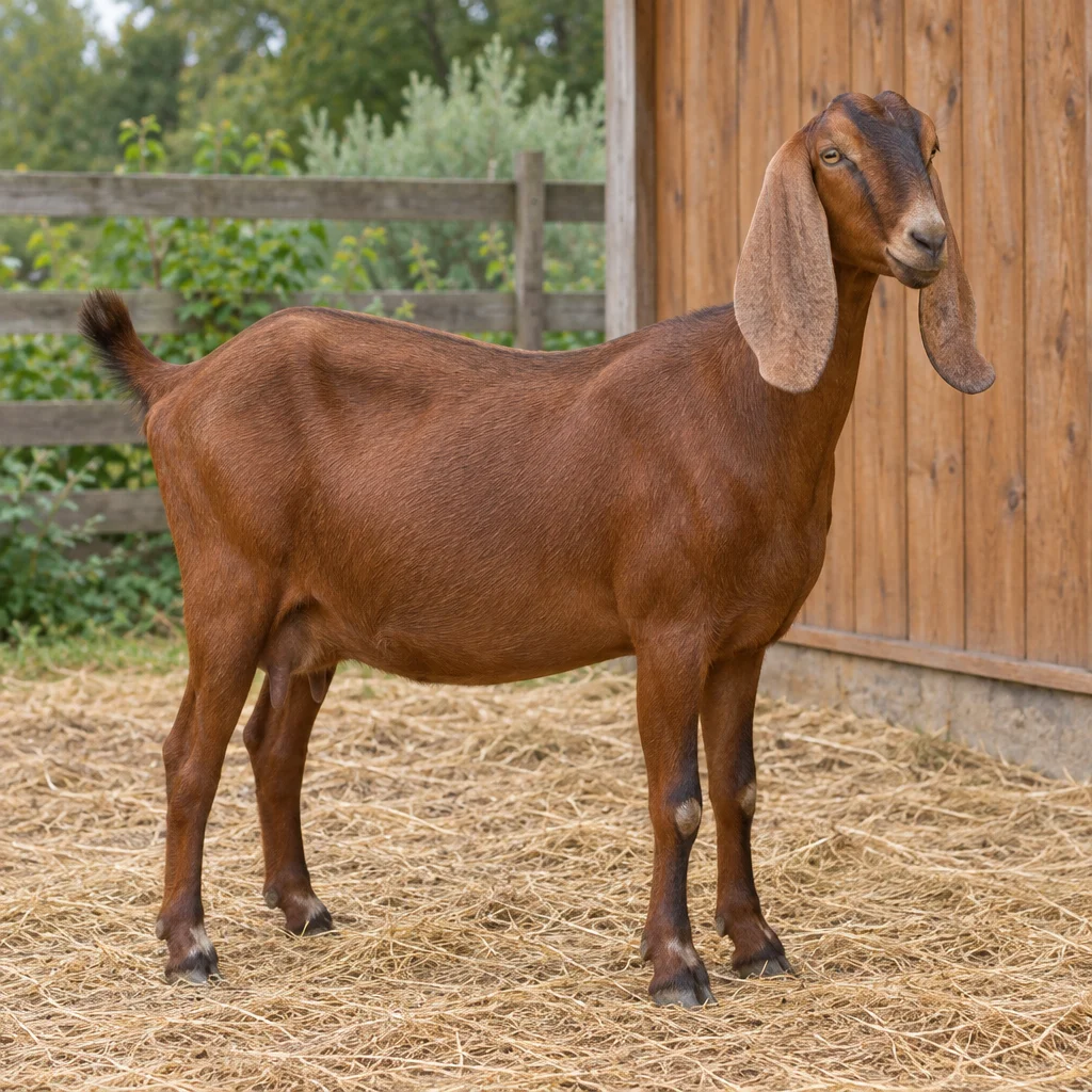 Capra marrone con lunghe orecchie pendenti su un letto di paglia accanto a un capanno di legno.