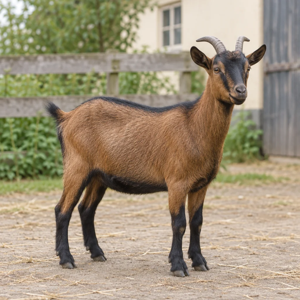Capra nana marrone con parte inferiore delle zampe nera e due corna, visibile per intero in un cortile davanti a una staccionata di legno.