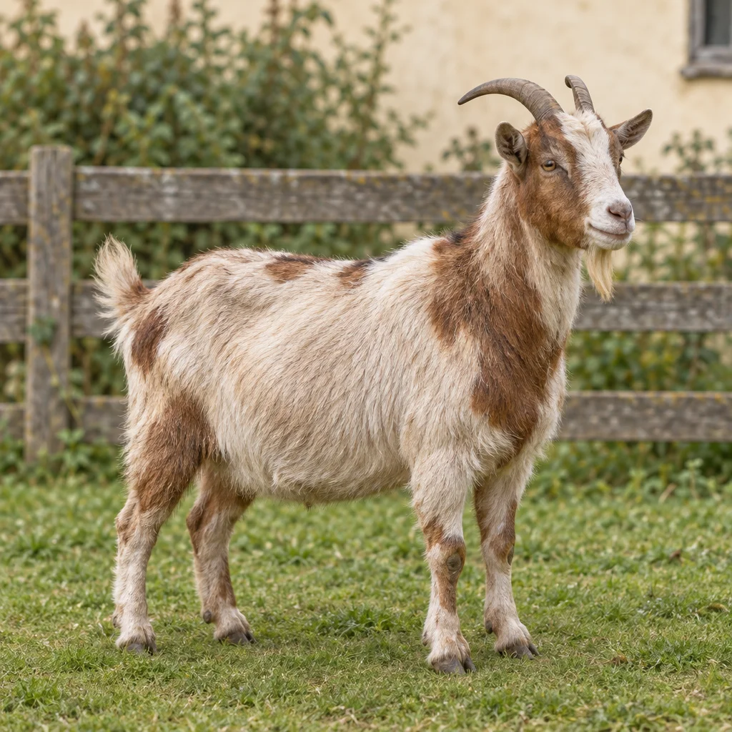 Una capra dal pelo ispido, con mantello chiaro, macchie marroni, barbetta e due corna ricurve, è in piedi sull’erba davanti a una staccionata di legno.