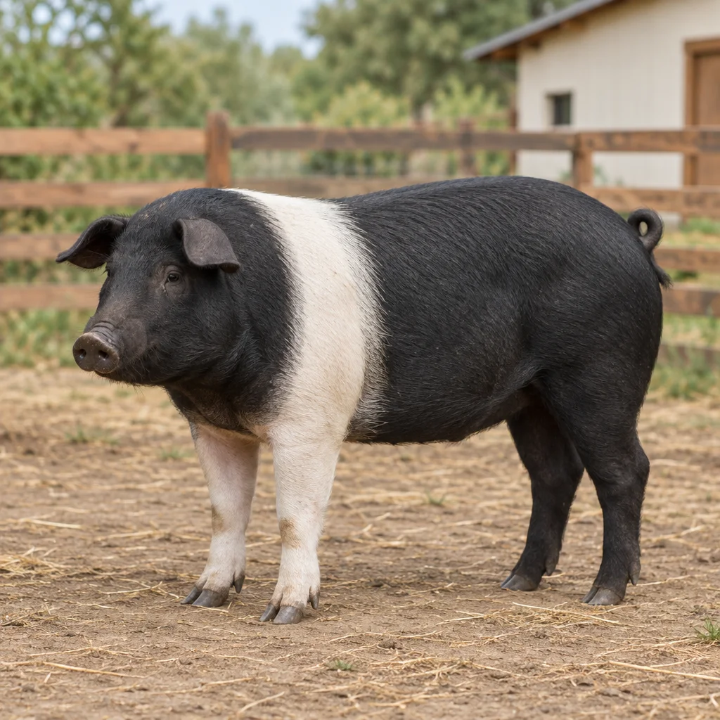 Un maiale nero con una fascia bianca sulle spalle e sulle zampe anteriori si trova in un cortile con una staccionata di legno sullo sfondo.