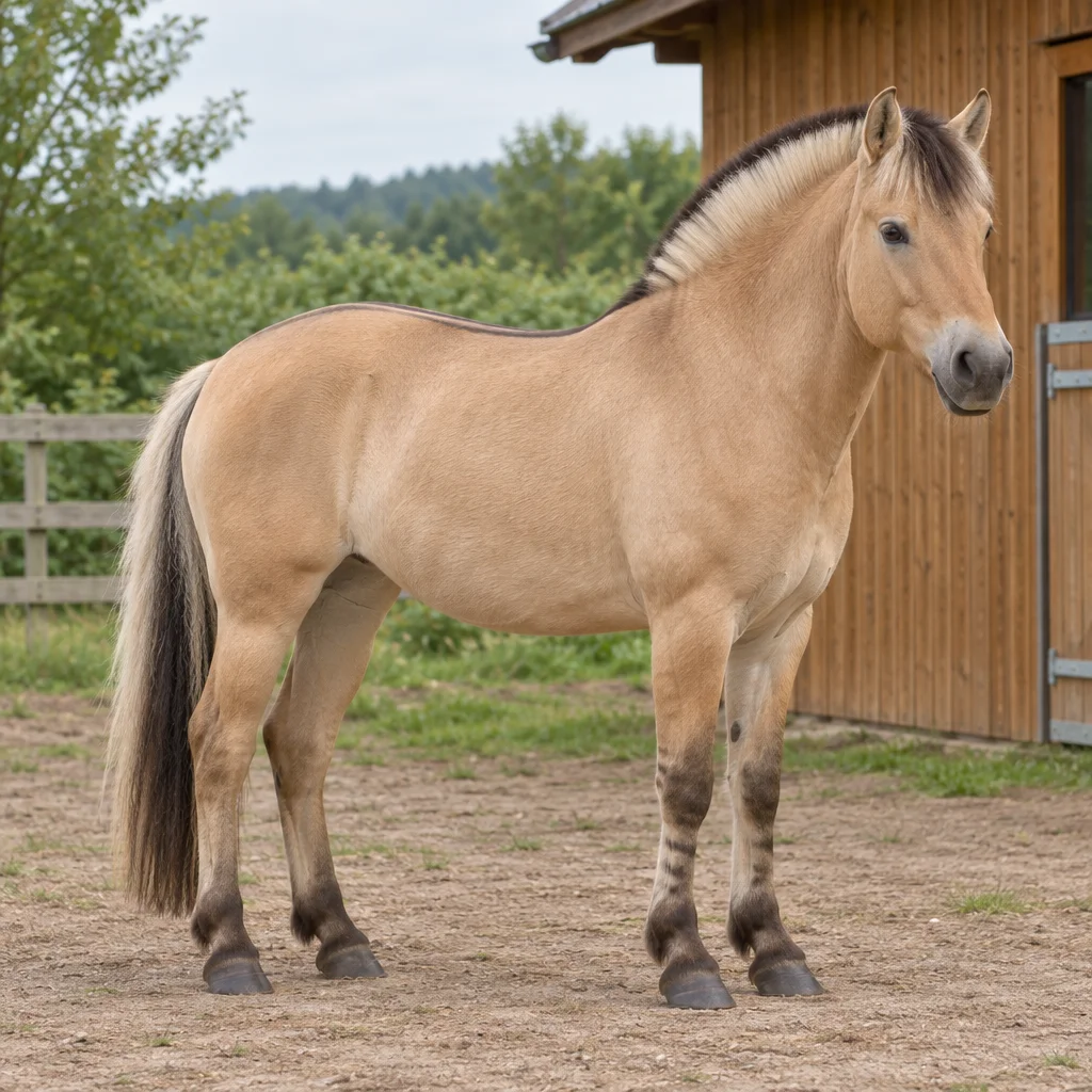 Cavallo color sabbia con criniera corta, eretta e bicolore, in piedi vicino a una stalla di legno, con tutti gli zoccoli visibili.