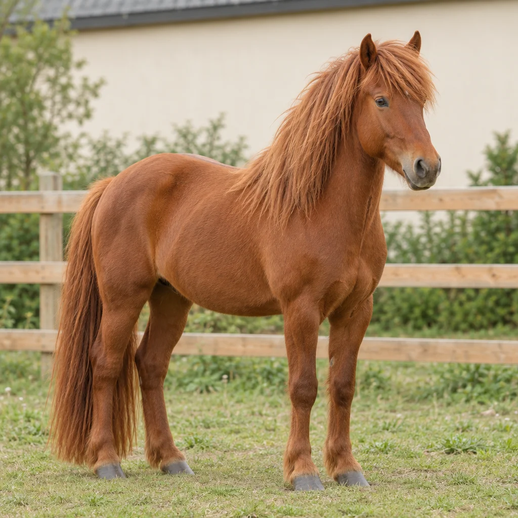 Cavallo dal mantello bruno rossiccio con criniera e coda lunghe in un prato erboso davanti a una staccionata di legno.