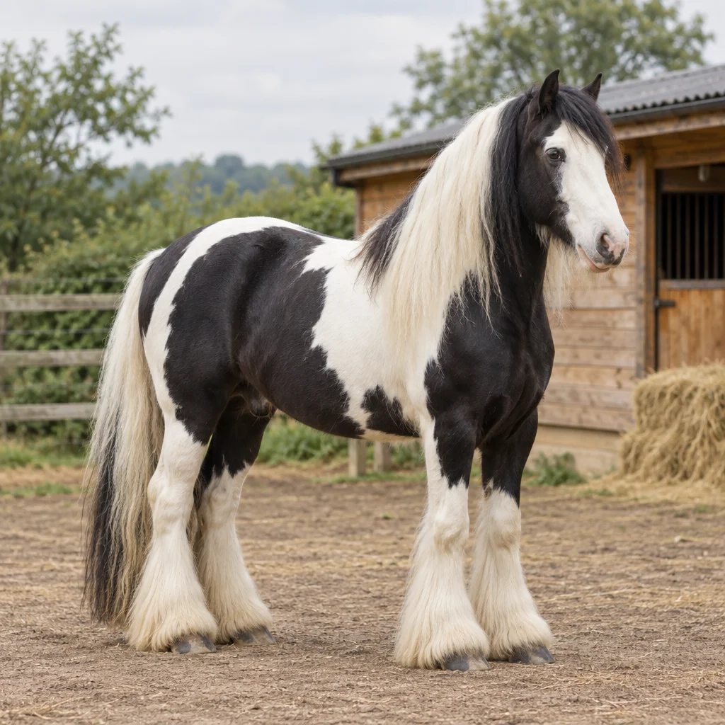 Cavallo pezzato bianco e nero con lunga criniera, coda folta e abbondante pelo sulle gambe davanti a una stalla in legno.