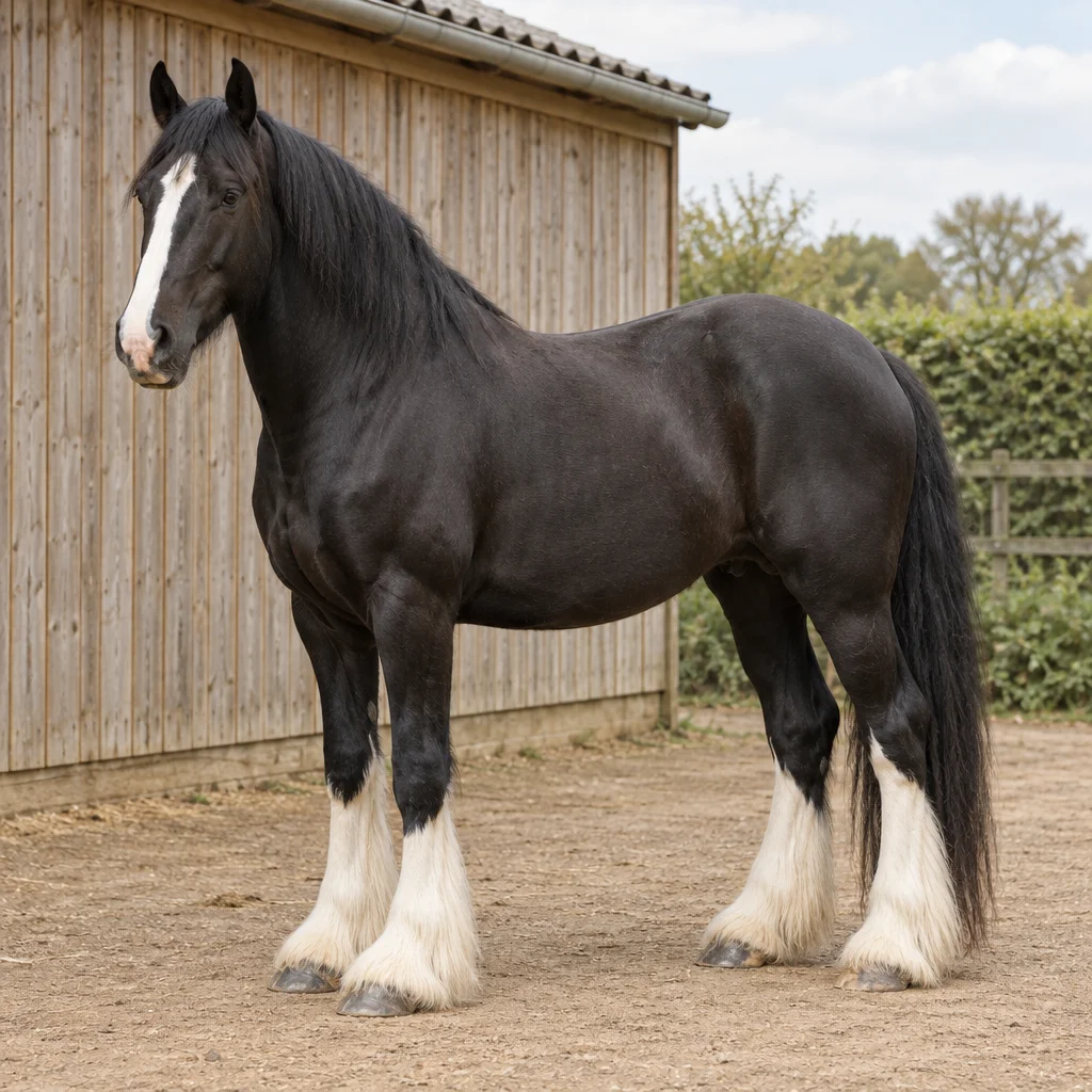 Un grande cavallo nero con una lista bianca sul muso e pelo bianco intorno alla parte inferiore delle zampe si trova davanti a una scuderia in legno.
