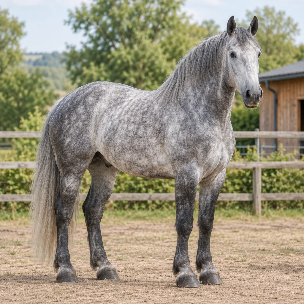 Grande cavallo dal mantello grigio pomellato, visibile per intero, in un paddock davanti a una recinzione in legno e a una scuderia.