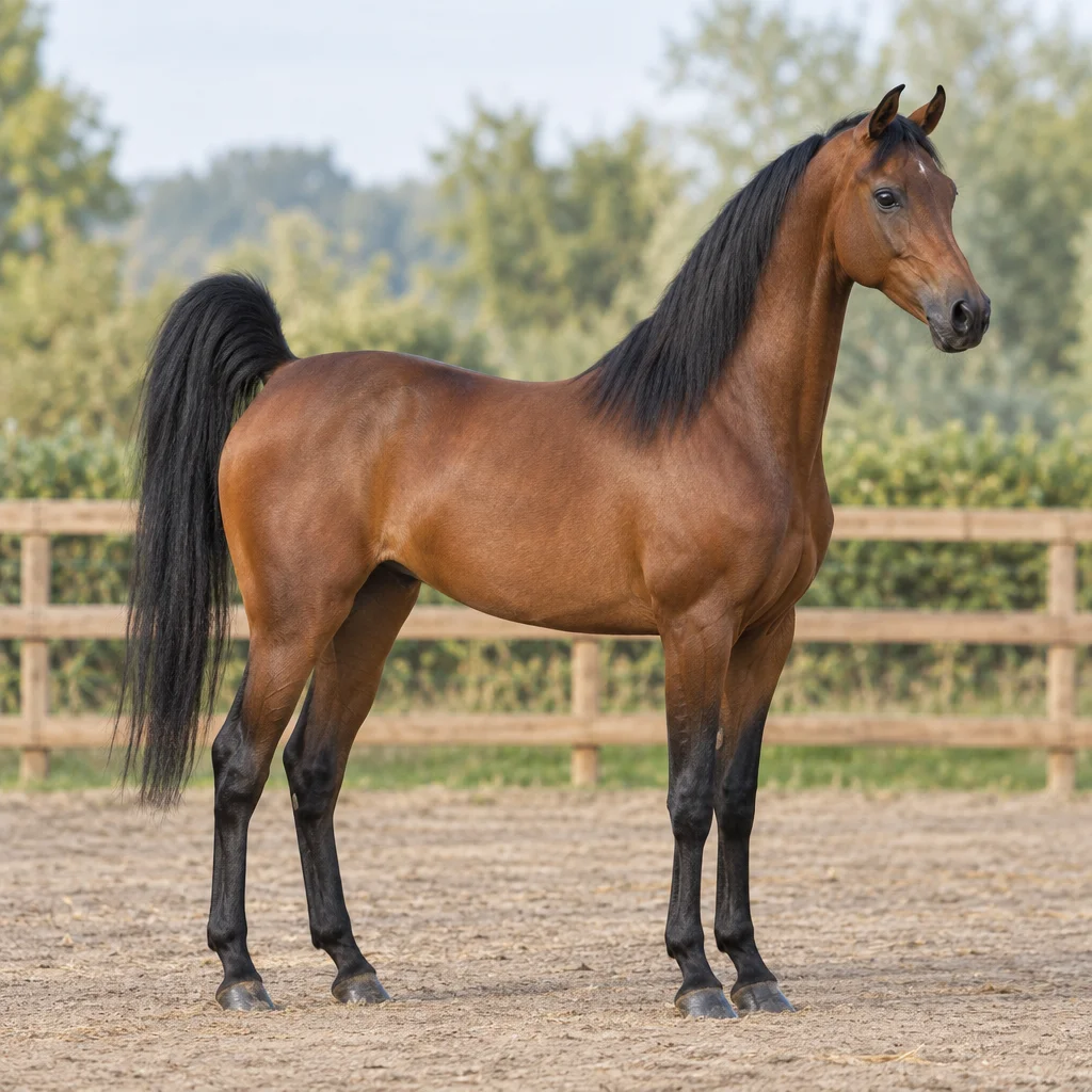 Un cavallo marrone con criniera e coda nere, interamente visibile, si trova in un paddock recintato.