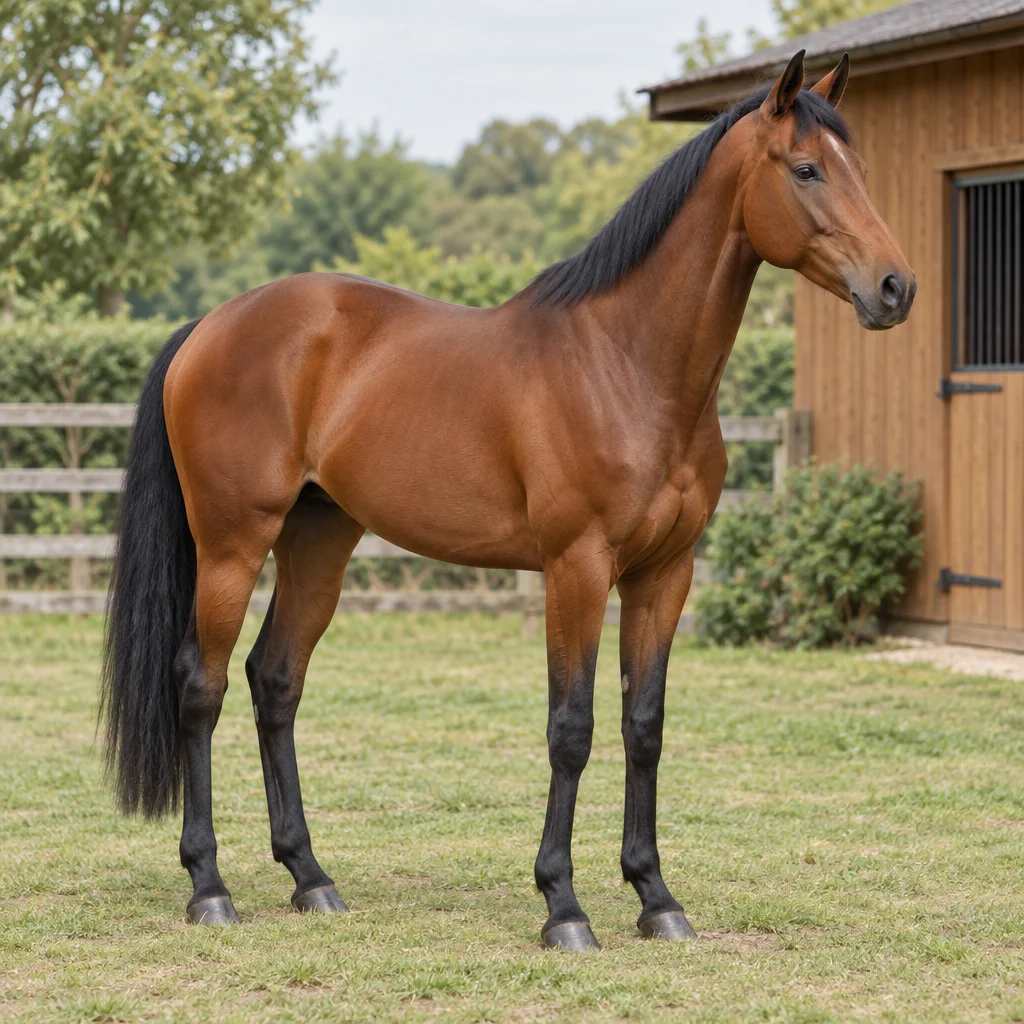 Cavallo baio con criniera, coda e parte inferiore delle zampe nere in un paddock accanto a una scuderia in legno.