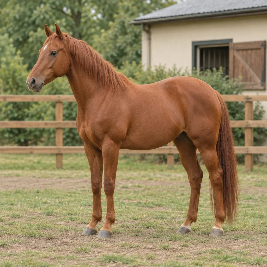Cavallo sauro con criniera rossiccia, visibile per intero, in un paddock recintato.