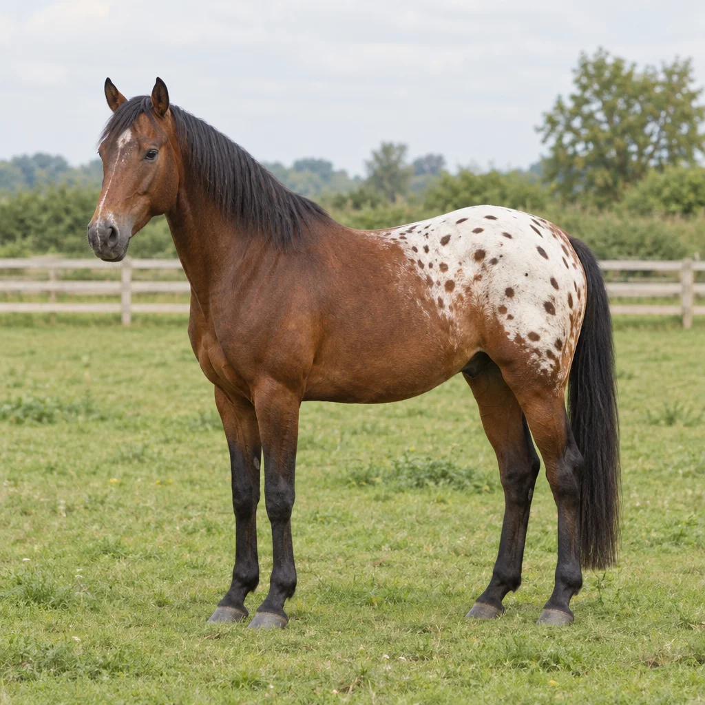 Un cavallo marrone con la groppa bianca a macchie scure si trova in un prato, con tutti e quattro gli zoccoli visibili.