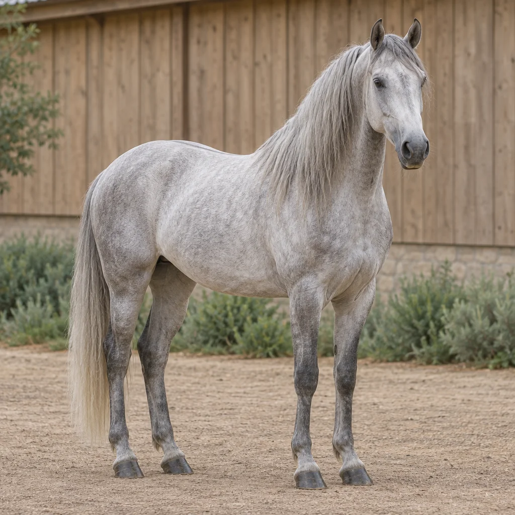 Un cavallo adulto grigio è in piedi in un cortile, visibile per intero, davanti alla parete in legno di una scuderia.