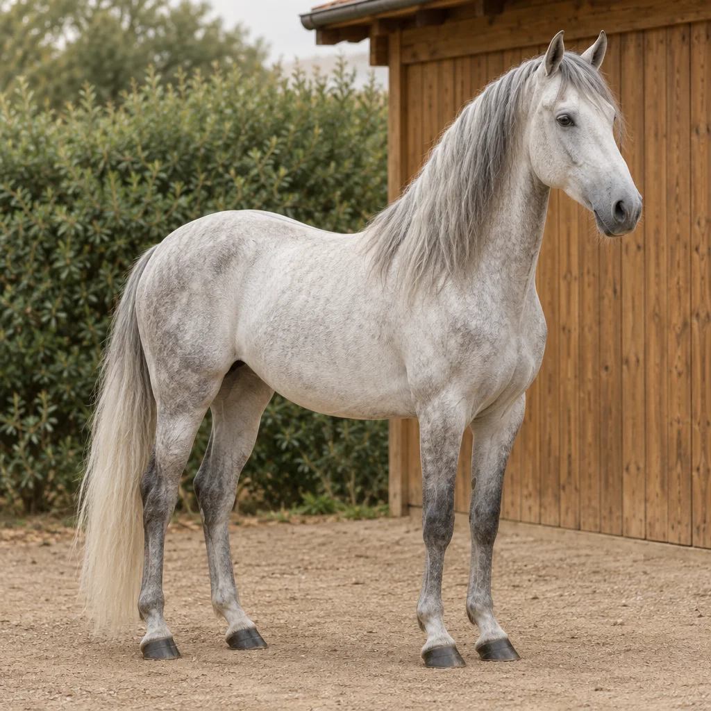 Cavallo grigio visibile per intero in un cortile, davanti a una scuderia in legno e ad arbusti verdi.