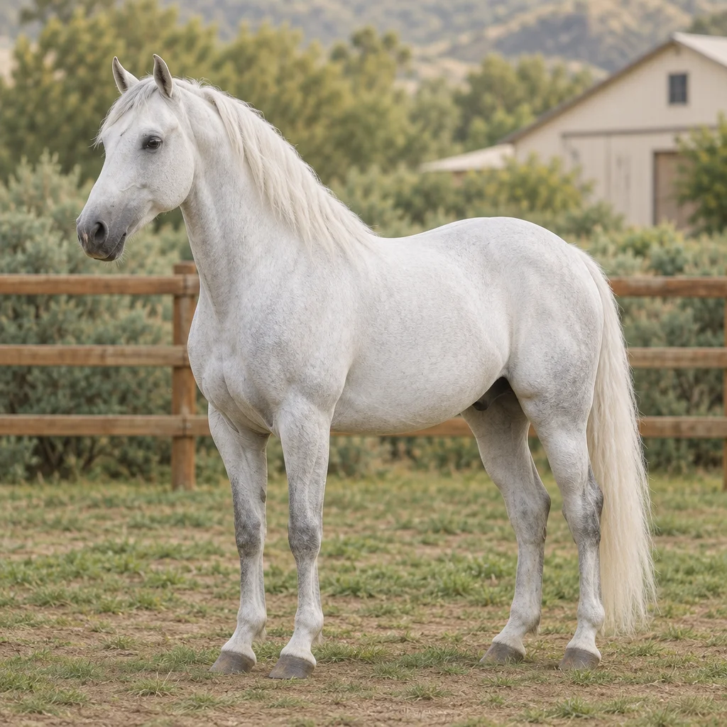 Un cavallo grigio chiaro, visibile per intero, si trova in un pascolo recintato, con alberi e un edificio sullo sfondo.