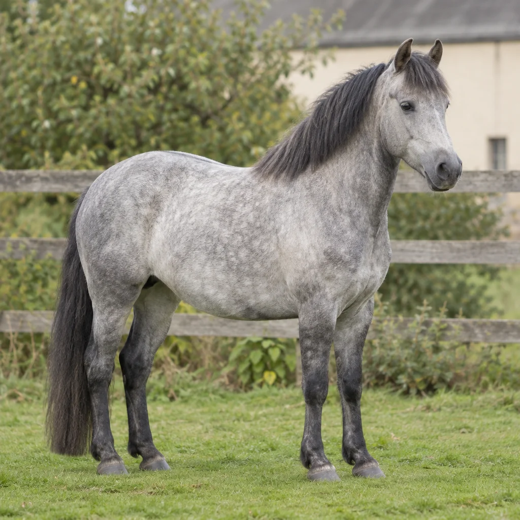Pony grigio con criniera e coda scure sull'erba davanti a una staccionata di legno.