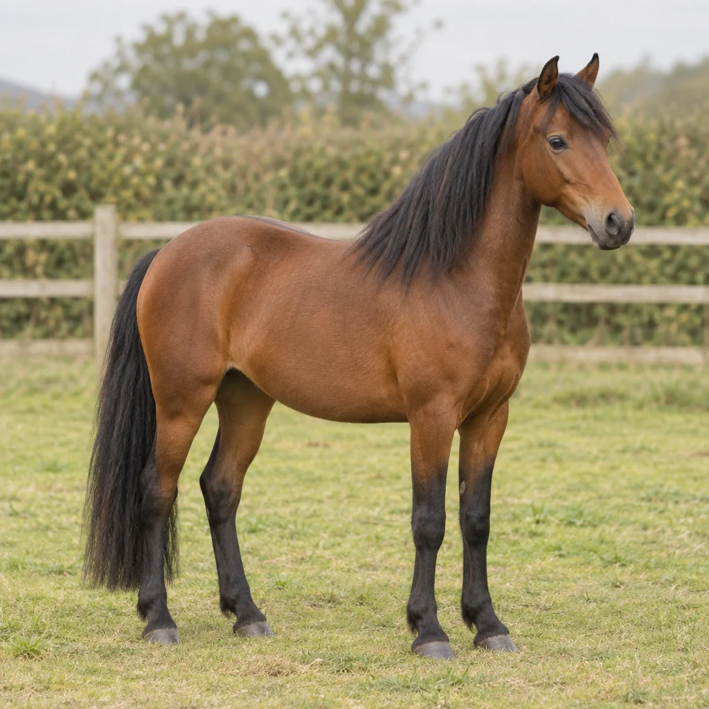 Illustrazione di un pony marrone con criniera e coda nere, in piedi in un pascolo recintato.