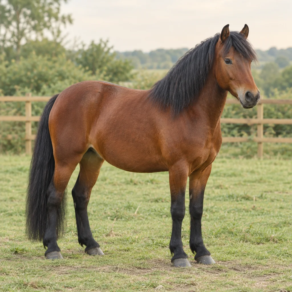 Pony marrone con criniera, coda e parte inferiore delle zampe nere, visibile a figura intera in un prato accanto a una recinzione di legno.