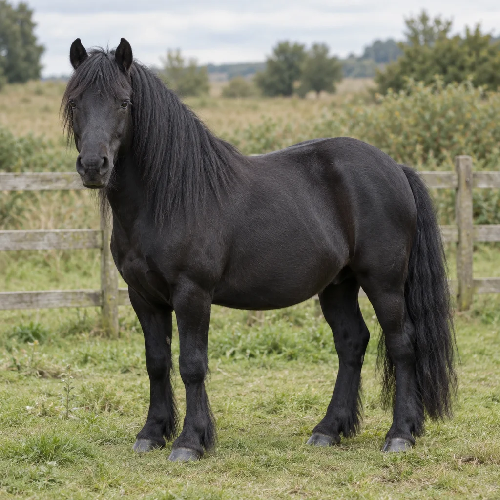 Pony nero con criniera e coda lunghe, in piedi in un prato vicino a una staccionata di legno, con tutti e quattro gli zoccoli visibili.