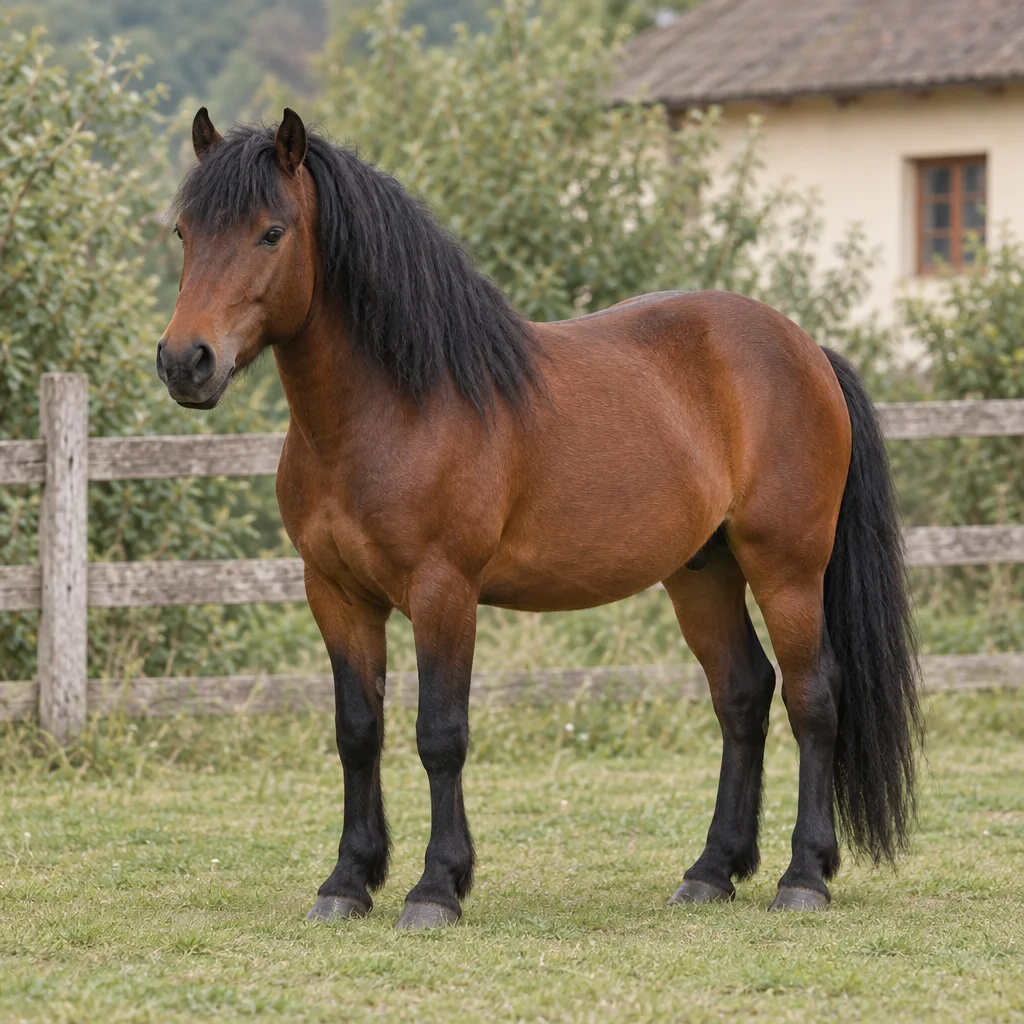 Un cavallo marrone con criniera, coda e parte inferiore degli arti nere è in piedi sull'erba davanti a una staccionata di legno.