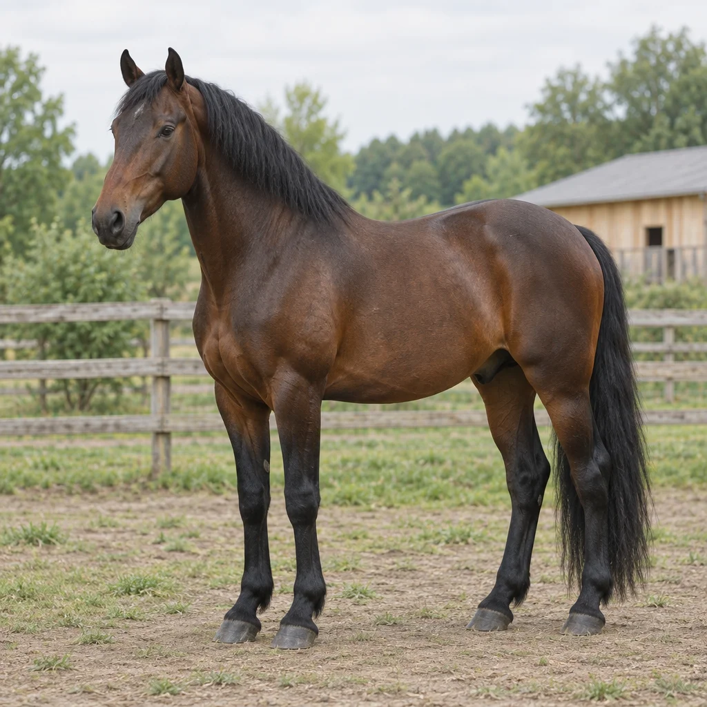 Un cavallo marrone scuro con criniera e coda nere, ripreso per intero in un paddock recintato, con alberi e una scuderia in legno sullo sfondo.
