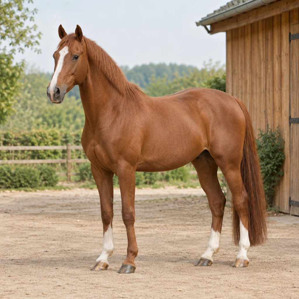 Cavallo sauro con una lista bianca sul muso e segni bianchi sulle zampe, ripreso per intero in un cortile accanto a un capanno in legno.