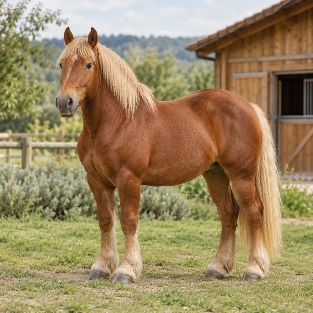Cavallo da tiro color rame con criniera e coda chiare, visibile per intero davanti a una scuderia in legno.