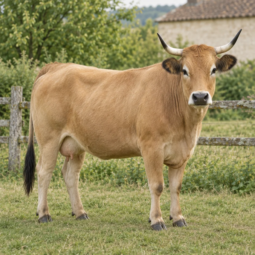 Una vacca marrone chiaro con corna ricurve verso l'alto e un ciuffo scuro sulla coda, ripresa per intero in un pascolo vicino a una staccionata di legno.