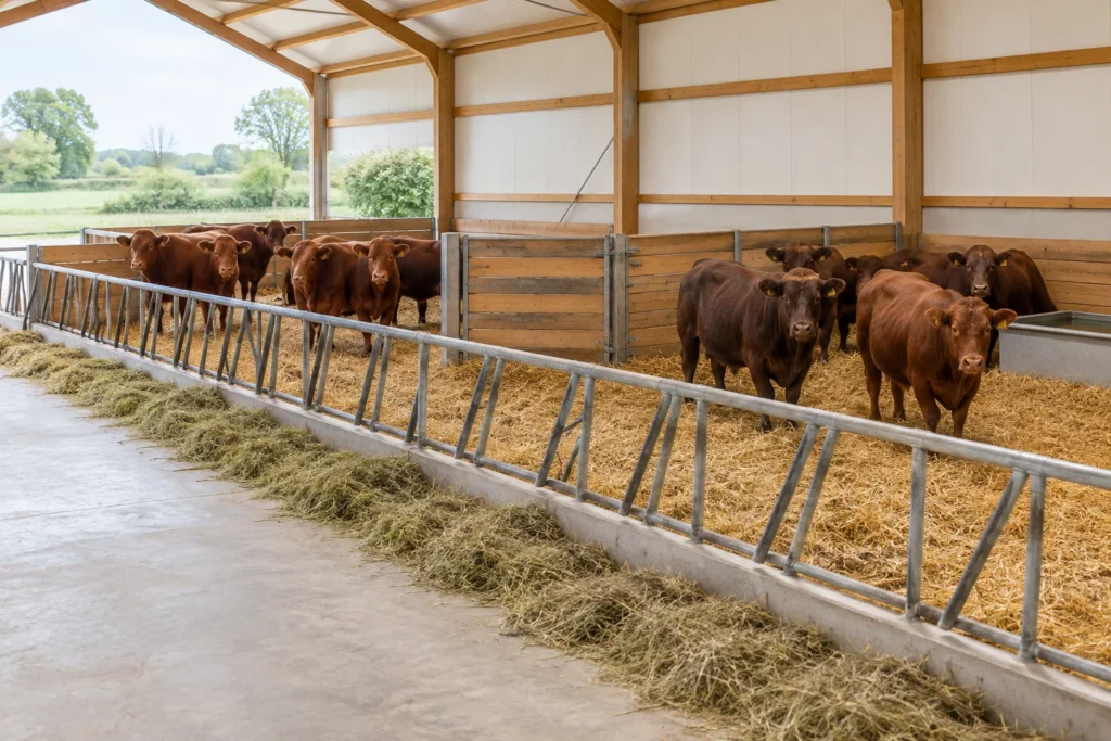 Due gruppi di bovini marroni si trovano in recinti separati con lettiera di paglia, dietro una barriera di alimentazione. Lungo la barriera passa una corsia di alimentazione in cemento con fieno; in un recinto c'è un abbeveratoio.
