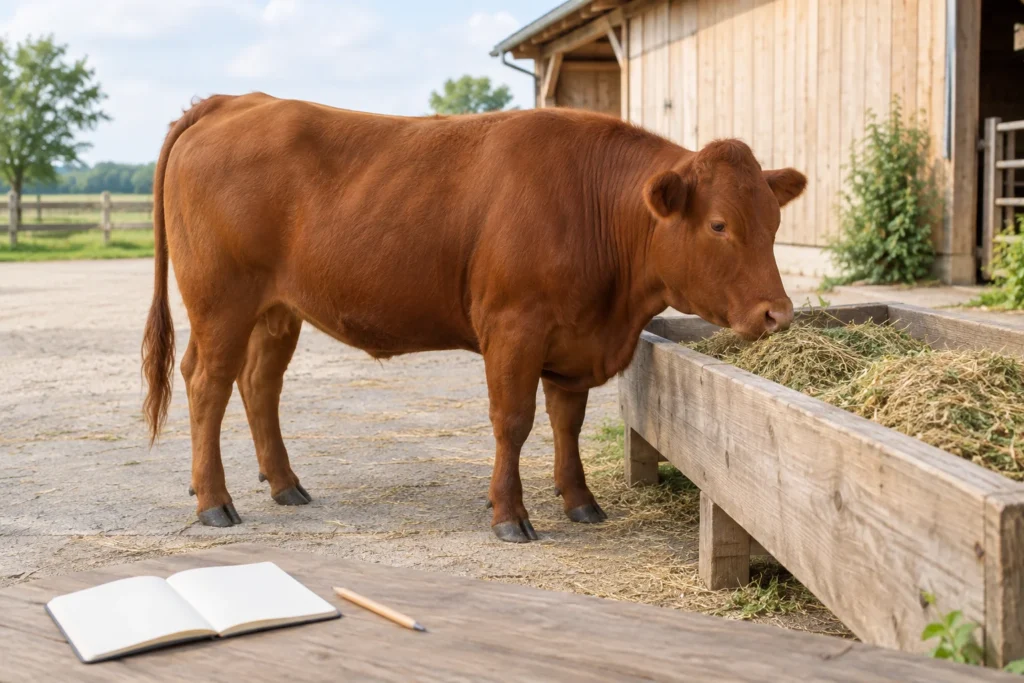 Bovino dal mantello bruno rossiccio accanto a una mangiatoia in legno con fieno, con un quaderno vuoto e una matita in primo piano.