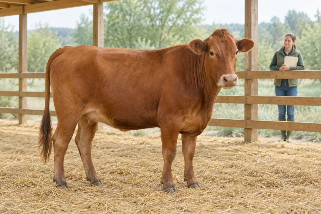 Una mucca marrone è in piedi sulla paglia in una stalla aperta. Dietro una staccionata di legno si trova una persona con una cartellina chiusa.