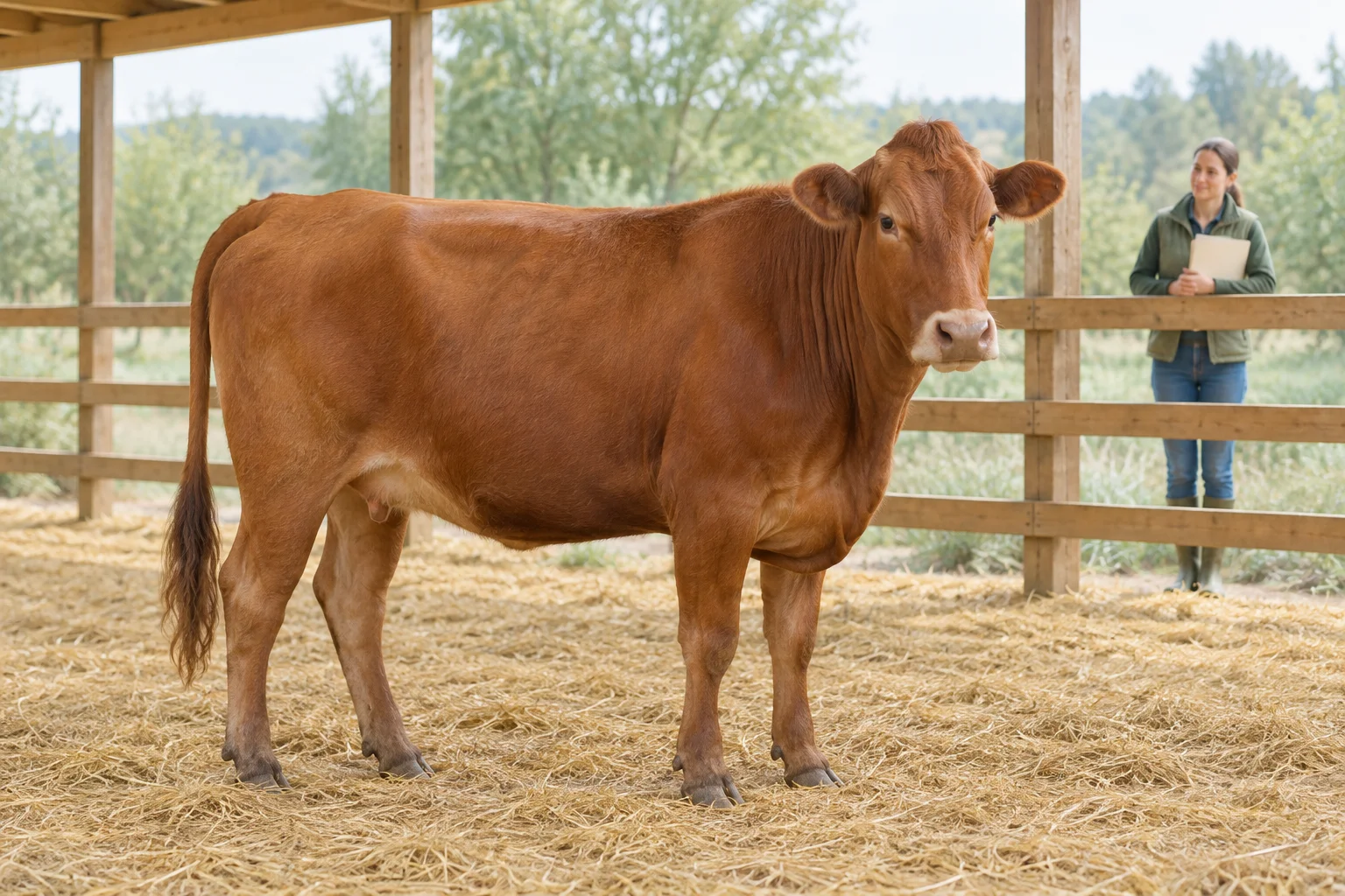 Una mucca marrone è in piedi sulla paglia in una stalla aperta. Dietro una staccionata di legno si trova una persona con una cartellina chiusa.