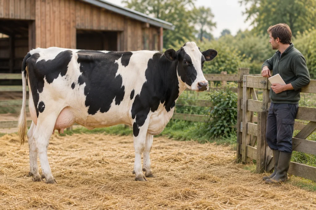 Una mucca pezzata nera è in piedi sulla paglia accanto a una staccionata di legno, mentre un allevatore osserva con un taccuino chiuso in mano.