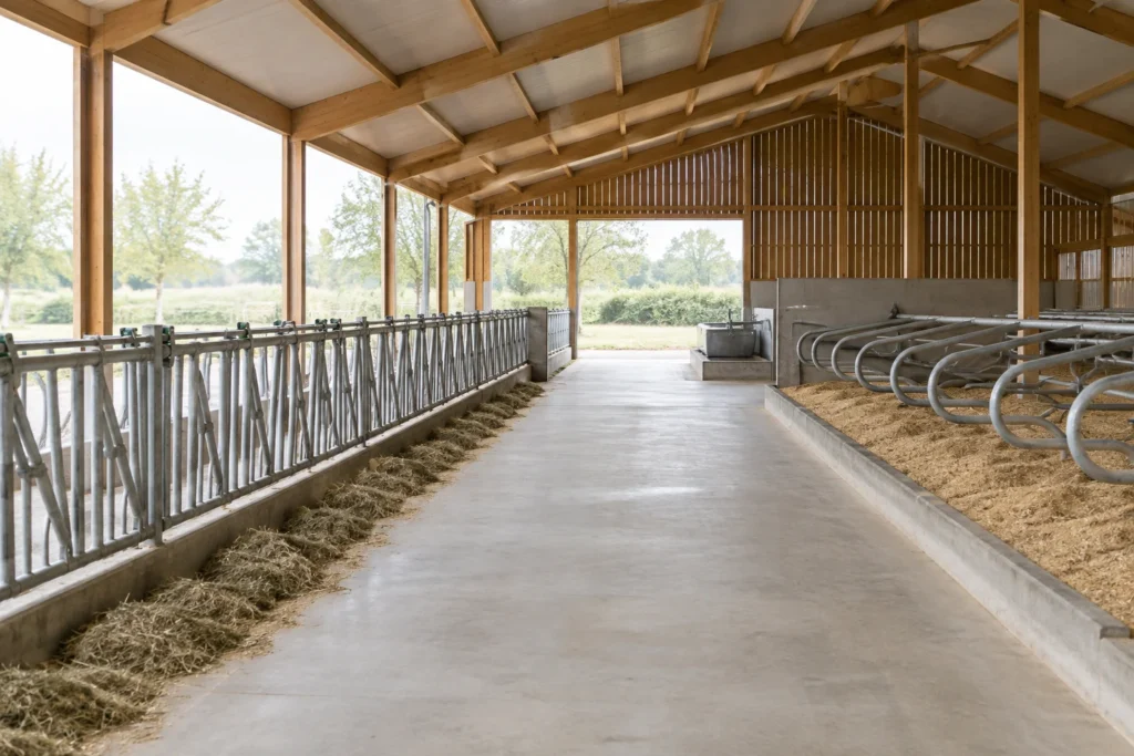 Interno di una stalla per bovini vuota con struttura del tetto in legno, rastrelliera per l'alimentazione, cuccette e corridoio centrale in calcestruzzo.