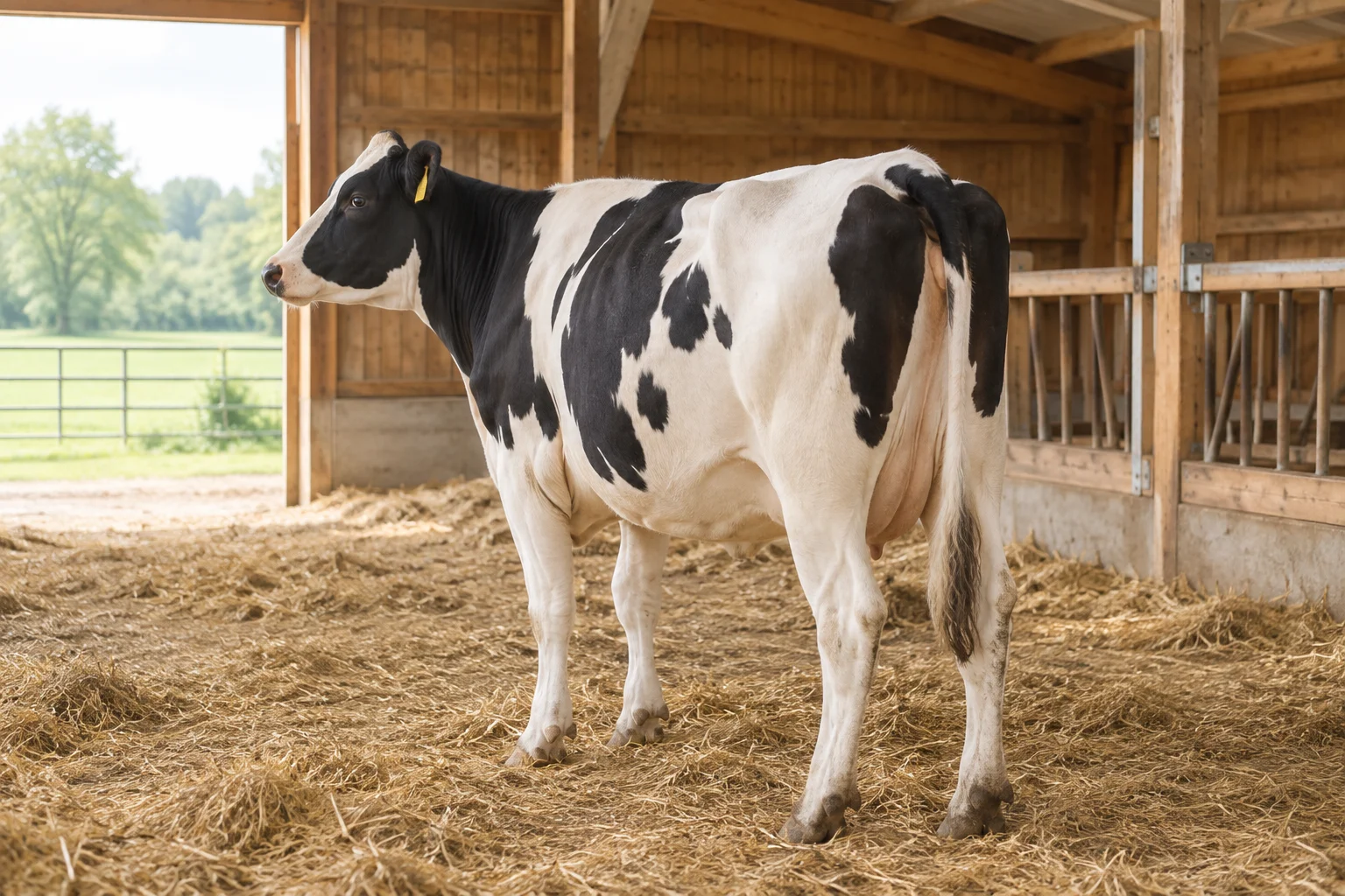 Una mucca pezzata bianca e nera sta sulla paglia in una stalla di legno, vista di tre quarti da dietro.