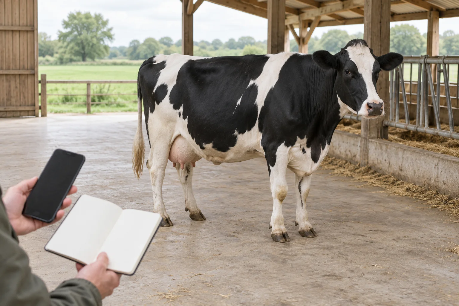 Mucca bianca e nera in una stalla aperta; in primo piano, mani che tengono un quaderno vuoto e un telefono.