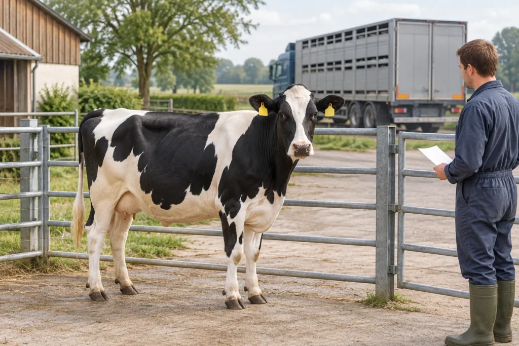 Mucca pezzata nera con marche auricolari gialle vicino a un cancello, con un addetto e un camion per il trasporto del bestiame sullo sfondo.