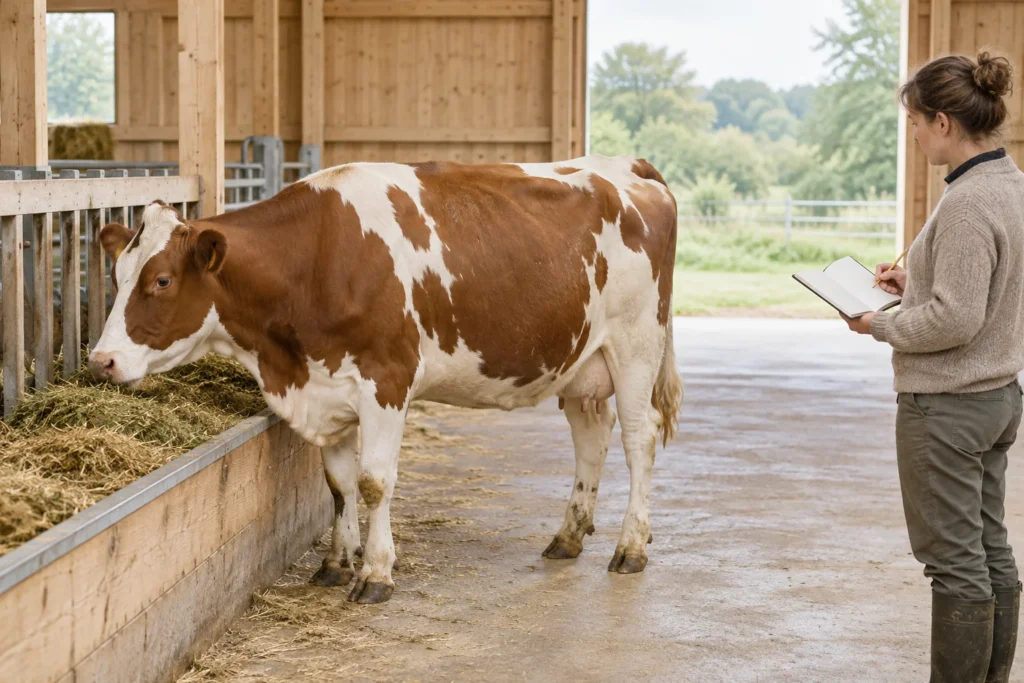 Bovino bianco e marrone accanto a una mangiatoia con foraggio, mentre una persona con un quaderno vuoto osserva.