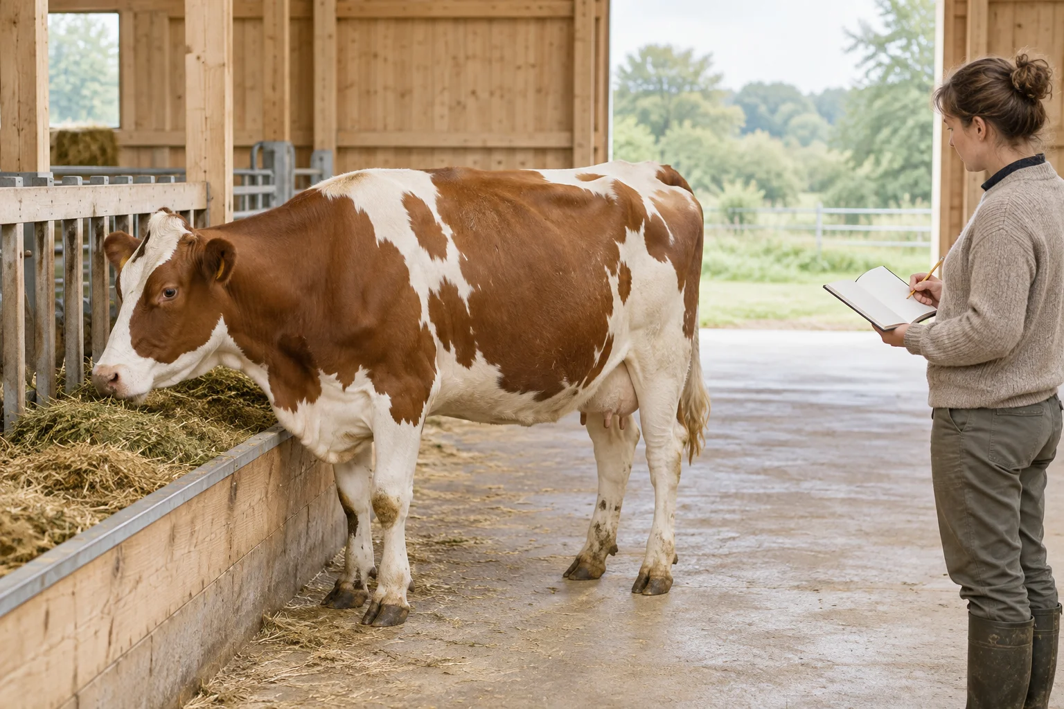 Bovino bianco e marrone accanto a una mangiatoia con foraggio, mentre una persona con un quaderno vuoto osserva.