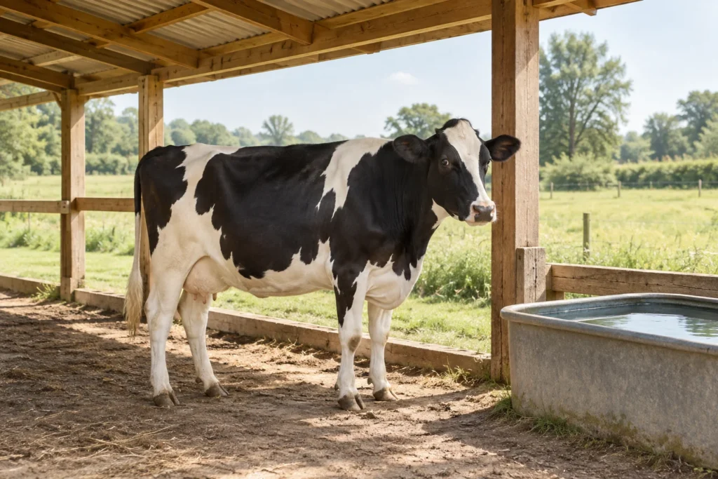 Un bovino bianco e nero si trova sotto una tettoia aperta in legno accanto a una vasca per l'acqua, con un pascolo sullo sfondo.