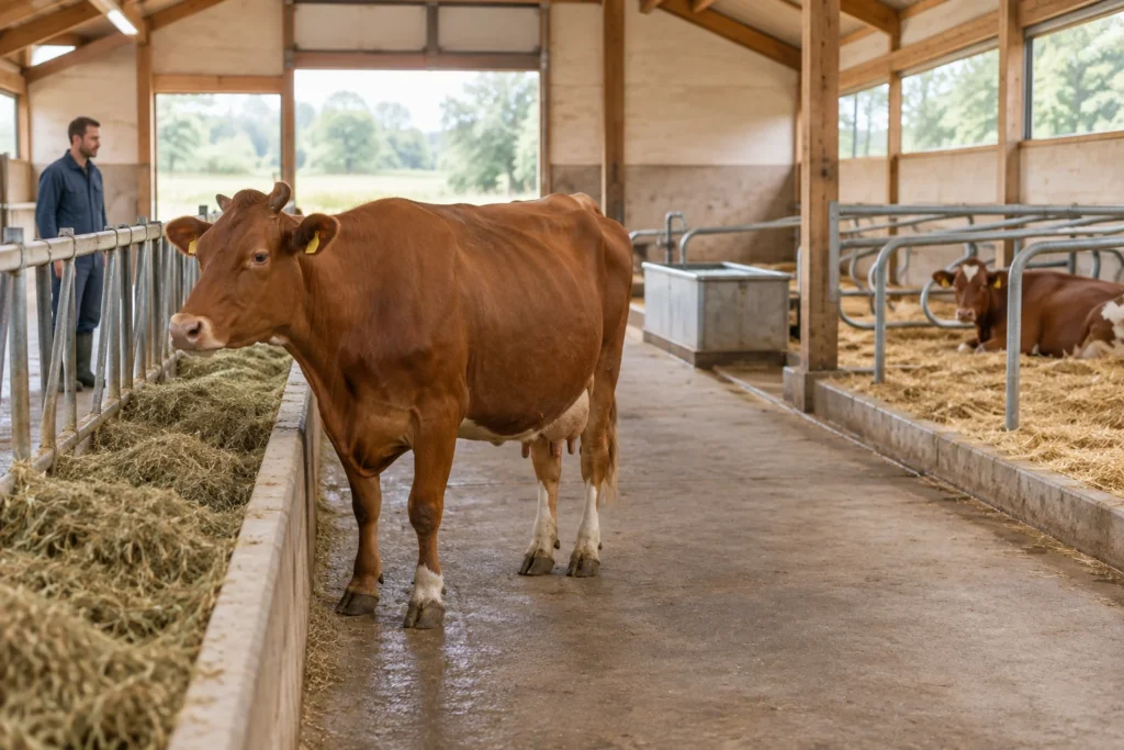 Mucca marrone presso un punto di alimentazione in una stalla, con un abbeveratoio, una zona di riposo e una persona addetta alla cura degli animali dietro la barriera della mangiatoia.
