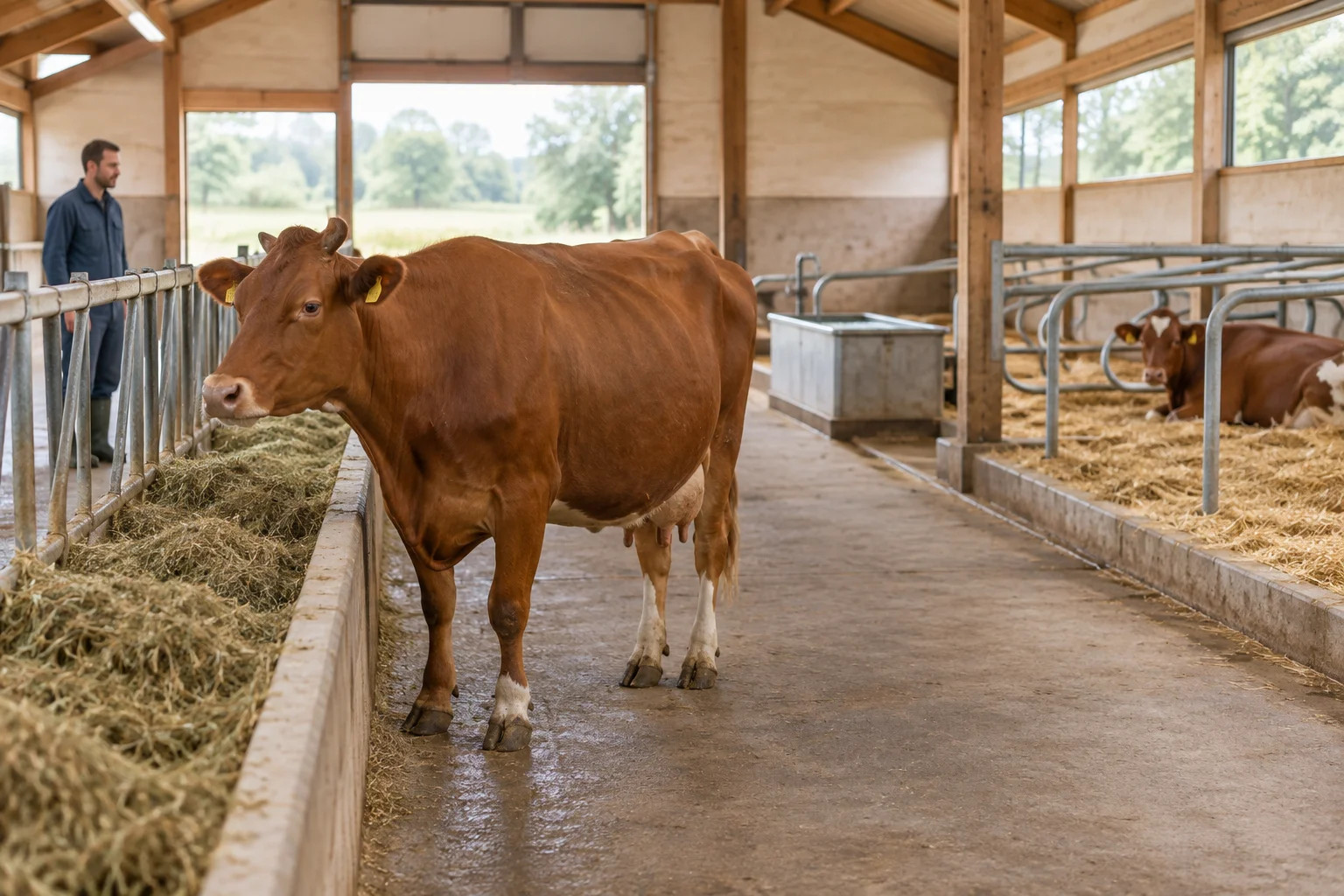 Mucca marrone presso un punto di alimentazione in una stalla, con un abbeveratoio, una zona di riposo e una persona addetta alla cura degli animali dietro la barriera della mangiatoia.