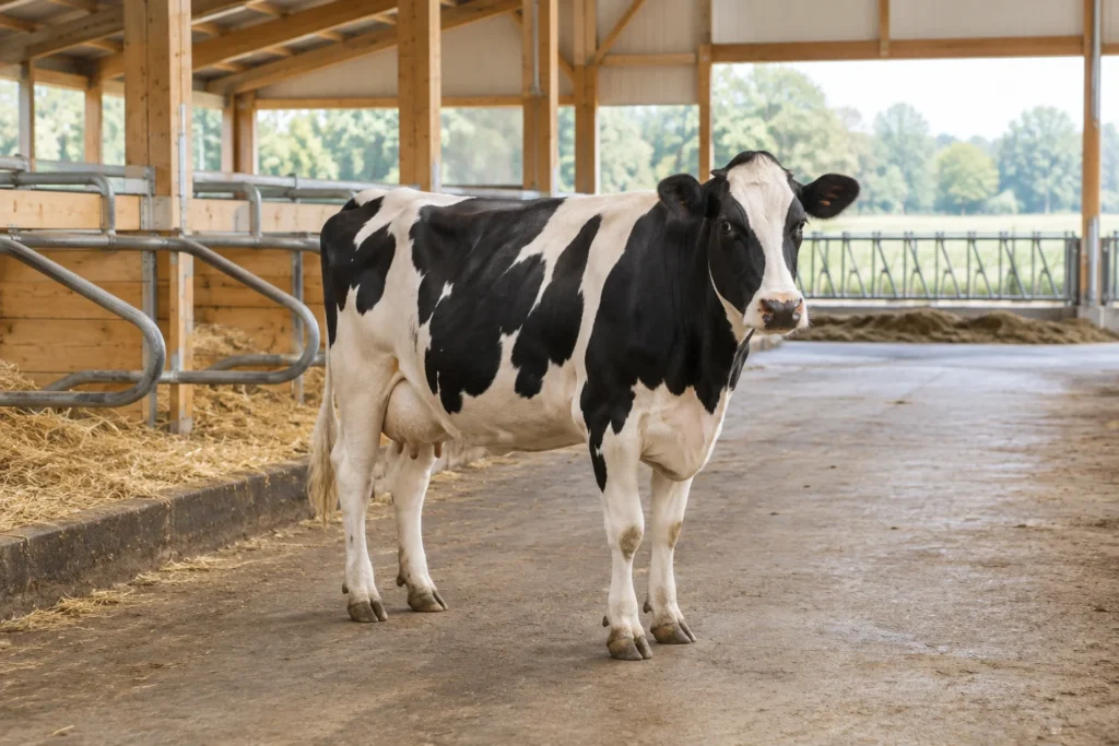 Una mucca bianca e nera si trova in una corsia aperta della stalla accanto a zone di riposo coperte di paglia.