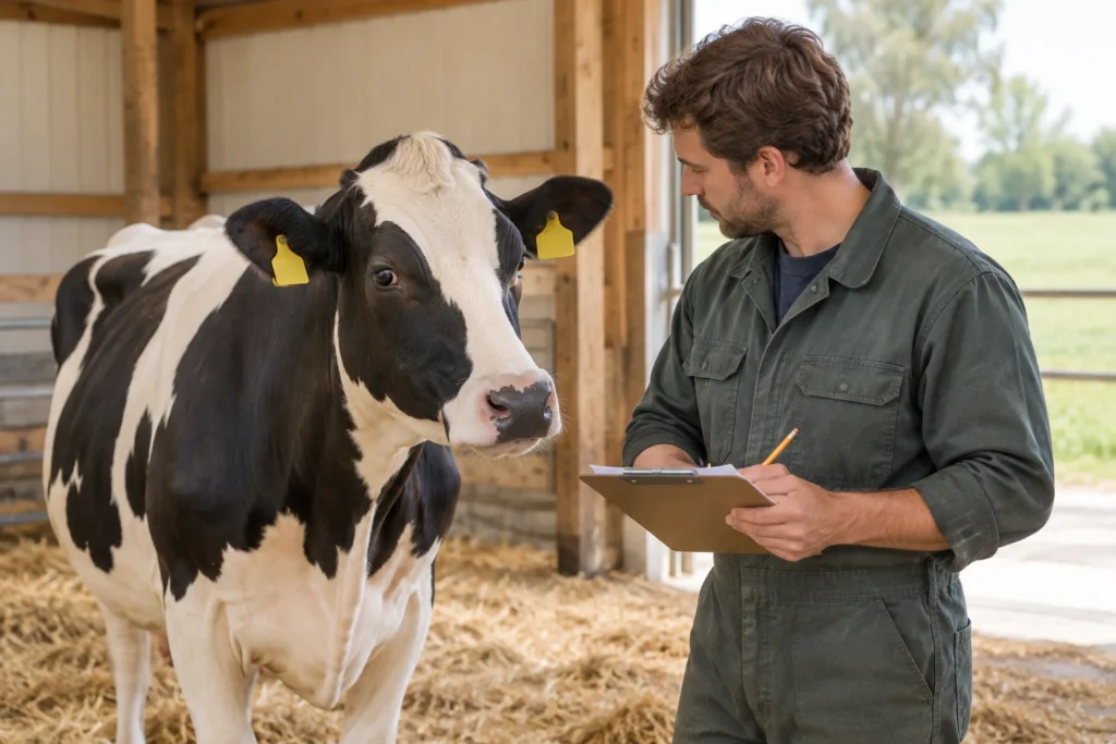 Illustrazione di una mucca pezzata nera con marche auricolari gialle accanto a un allevatore che prende appunti su una cartellina in una stalla.