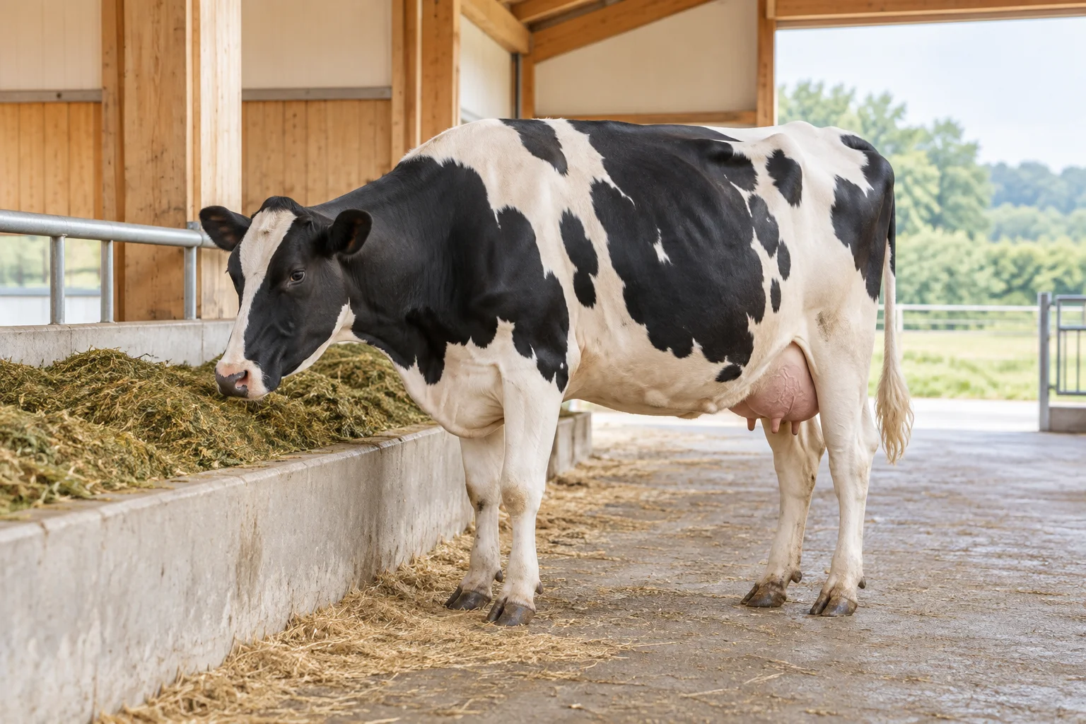 Vacca da latte pezzata nera in una stalla luminosa, con la testa vicino al mangime in una mangiatoia.