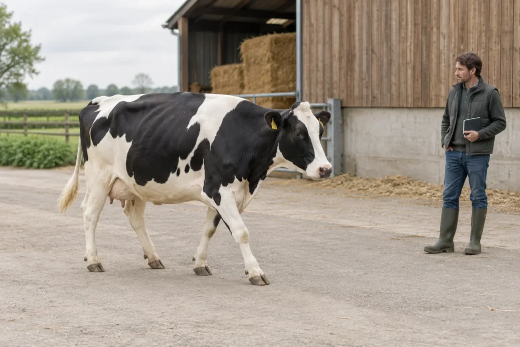 Una mucca pezzata nera cammina in un cortile mentre un allevatore la osserva da lontano con un taccuino chiuso in mano.