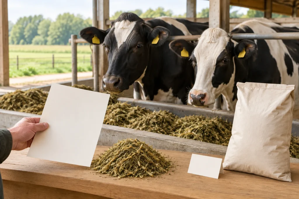 Due bovini pezzati neri accanto a una corsia di alimentazione, con foraggio, un foglio bianco e un sacco senza scritte in primo piano.