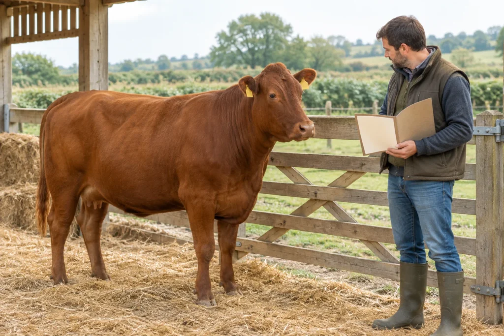 Una mucca marrone è accanto a una staccionata di legno mentre un uomo tiene in mano una cartellina aperta con un foglio bianco.